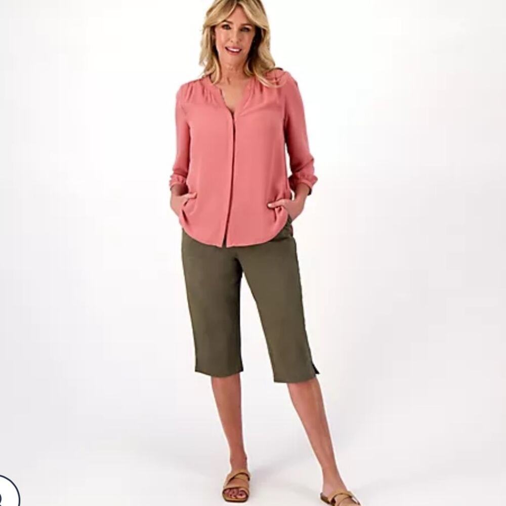 QVC Denim & Company Green Easy Wear Twill Relaxed Pull On Skimmer Cropped Pants